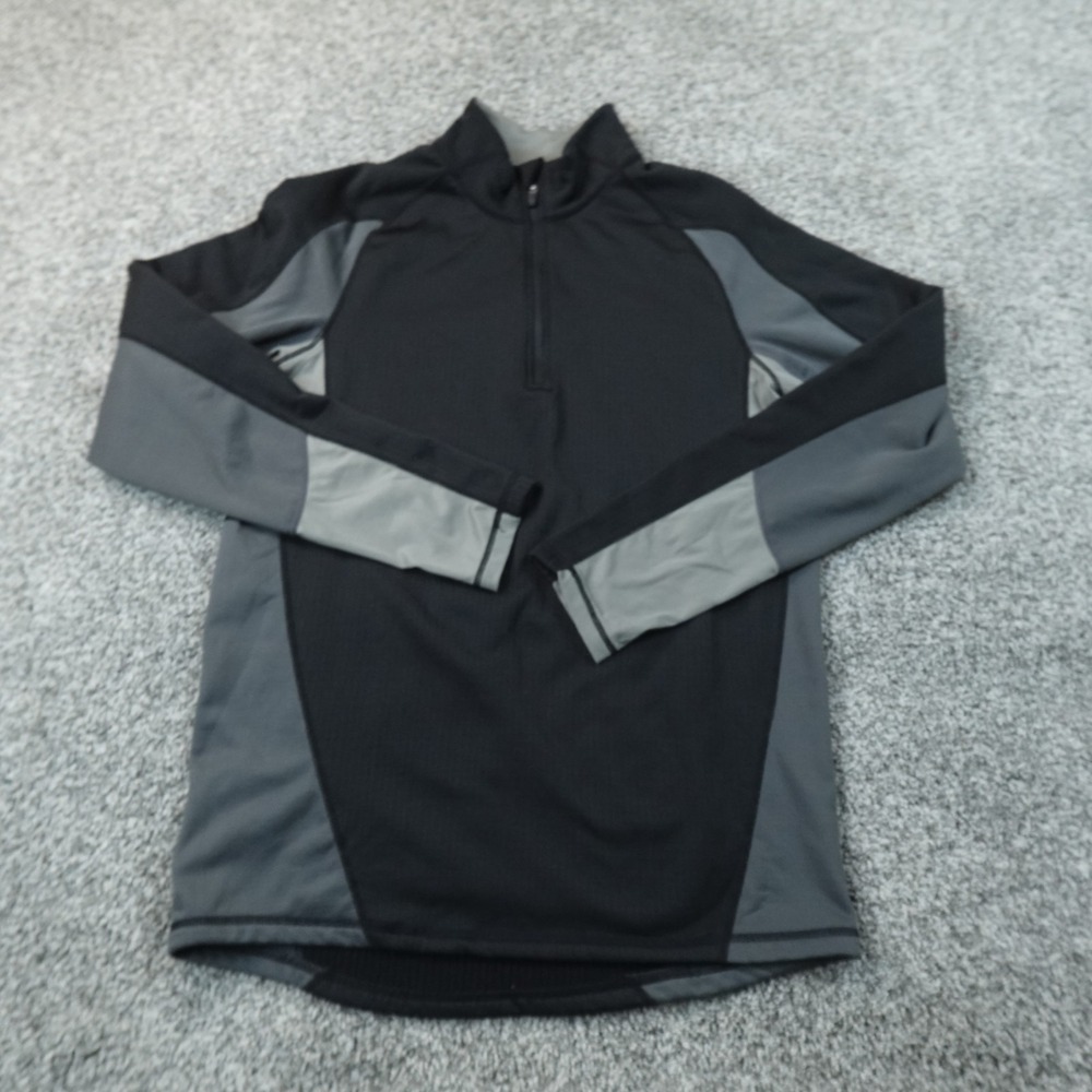Cabelas Pullover Mens M Black Gray 1/4 Zip Waffle Knit Grid Fleece Thermal Top
